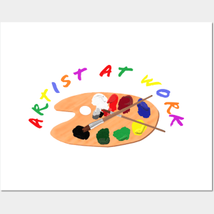 Artist at Work. Wooden Artist Palette with Colorful Paints and Brushes. Multicolored Lettering. White Background. Posters and Art